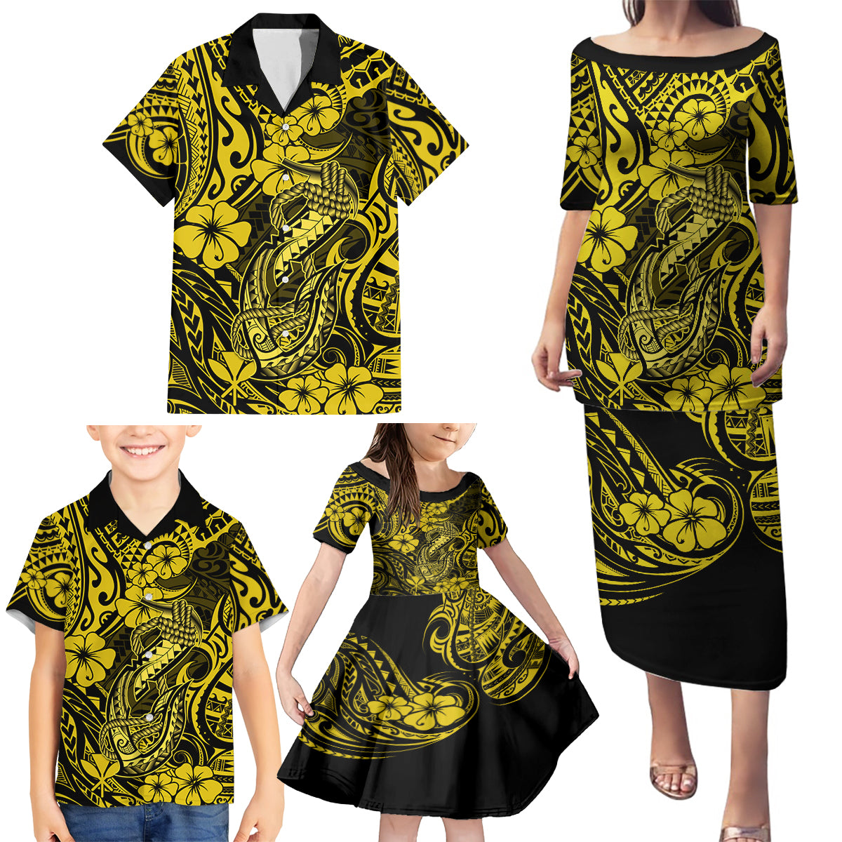 Hawaii Fish Hook Family Matching Puletasi Dress and Hawaiian Shirt Hibiscus Hawaii Tribal Tattoo Yellow Version - Wonder Print Shop