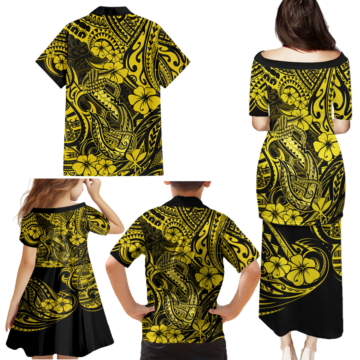 Hawaii Fish Hook Family Matching Puletasi Dress and Hawaiian Shirt Hibiscus Hawaii Tribal Tattoo Yellow Version - Wonder Print Shop