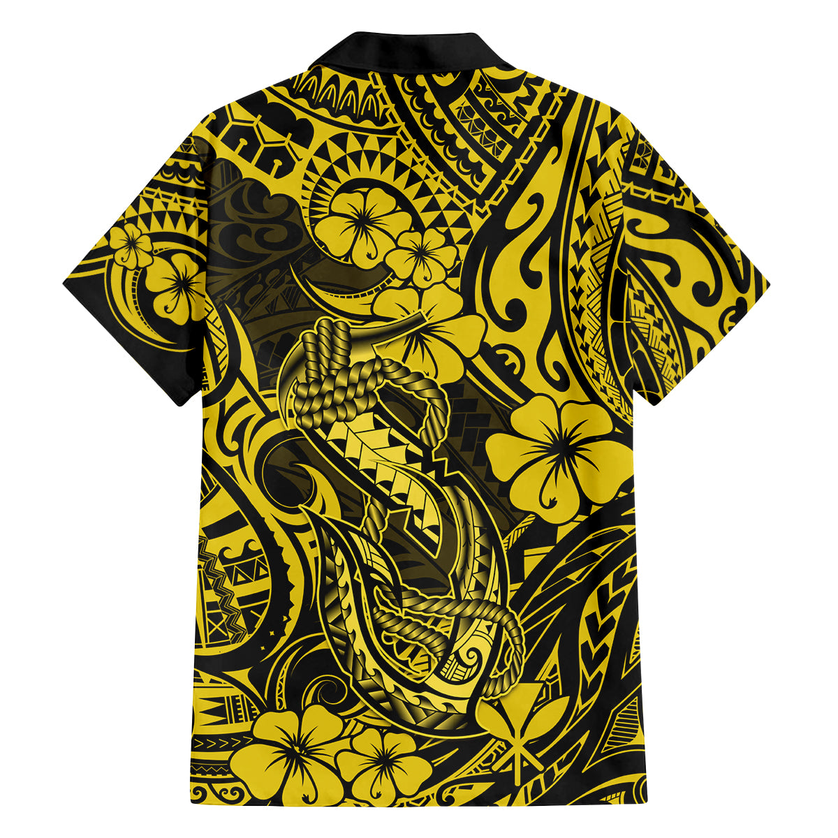 Hawaii Fish Hook Family Matching Puletasi Dress and Hawaiian Shirt Hibiscus Hawaii Tribal Tattoo Yellow Version - Wonder Print Shop