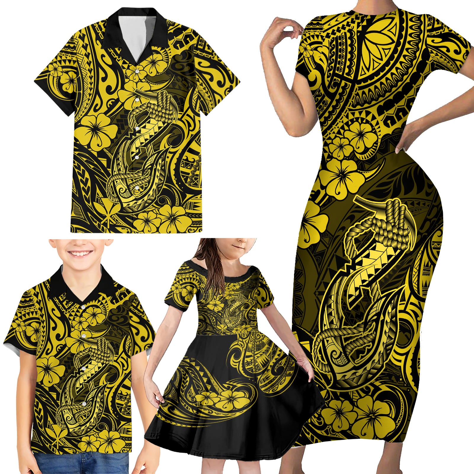Hawaii Fish Hook Family Matching Short Sleeve Bodycon Dress and Hawaiian Shirt Hibiscus Hawaii Tribal Tattoo Yellow Version - Wonder Print Shop