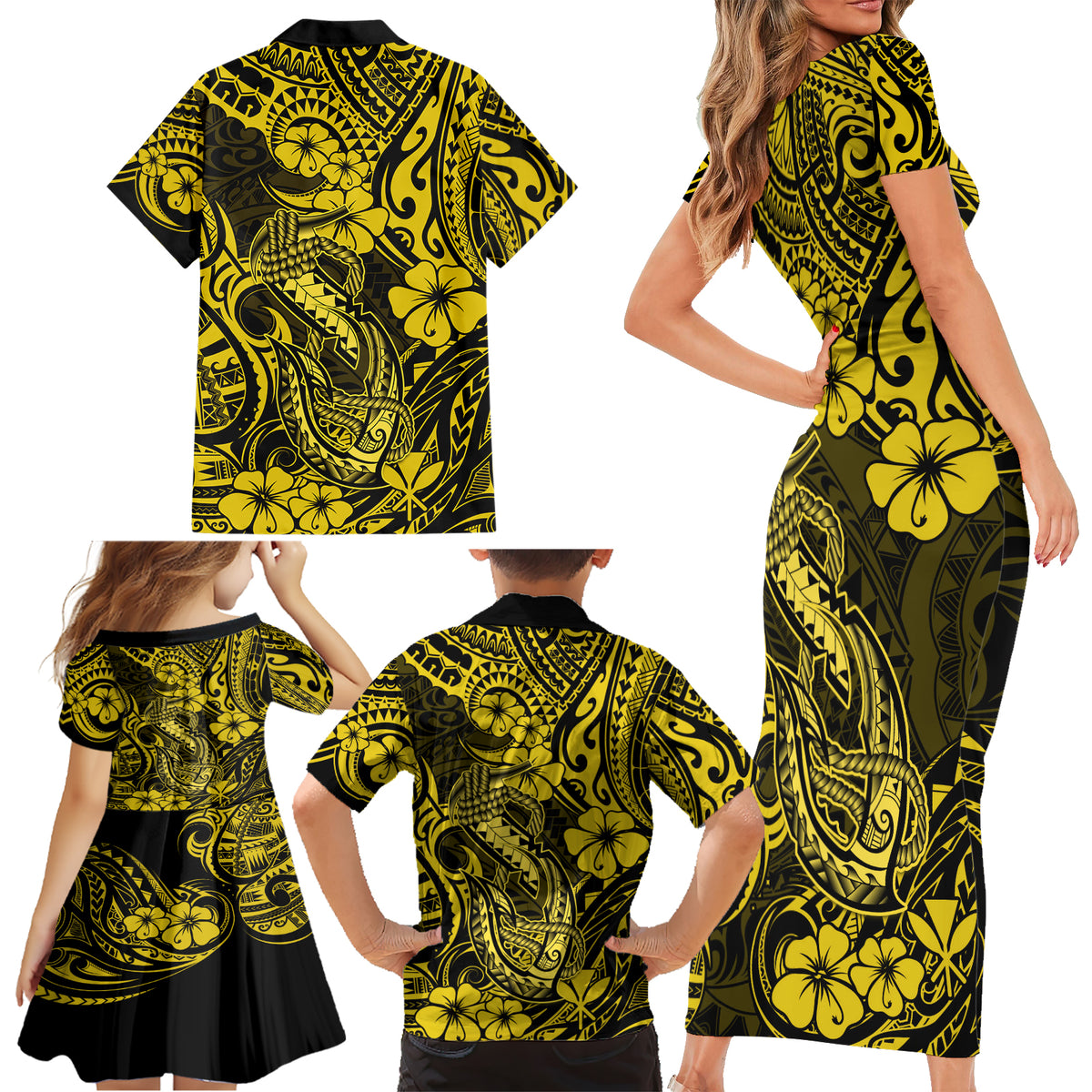 Hawaii Fish Hook Family Matching Short Sleeve Bodycon Dress and Hawaiian Shirt Hibiscus Hawaii Tribal Tattoo Yellow Version - Wonder Print Shop