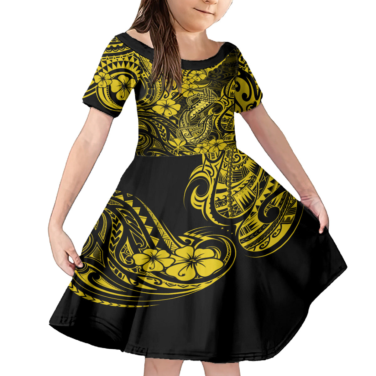 Hawaii Fish Hook Family Matching Summer Maxi Dress and Hawaiian Shirt Hibiscus Hawaii Tribal Tattoo Yellow Version - Wonder Print Shop
