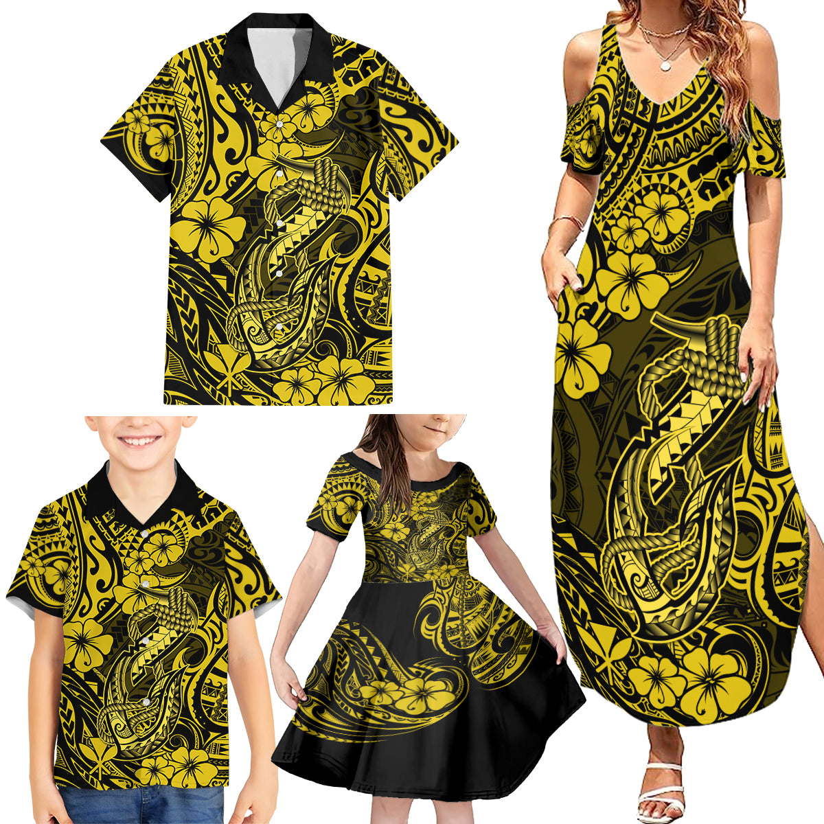 Hawaii Fish Hook Family Matching Summer Maxi Dress and Hawaiian Shirt Hibiscus Hawaii Tribal Tattoo Yellow Version - Wonder Print Shop