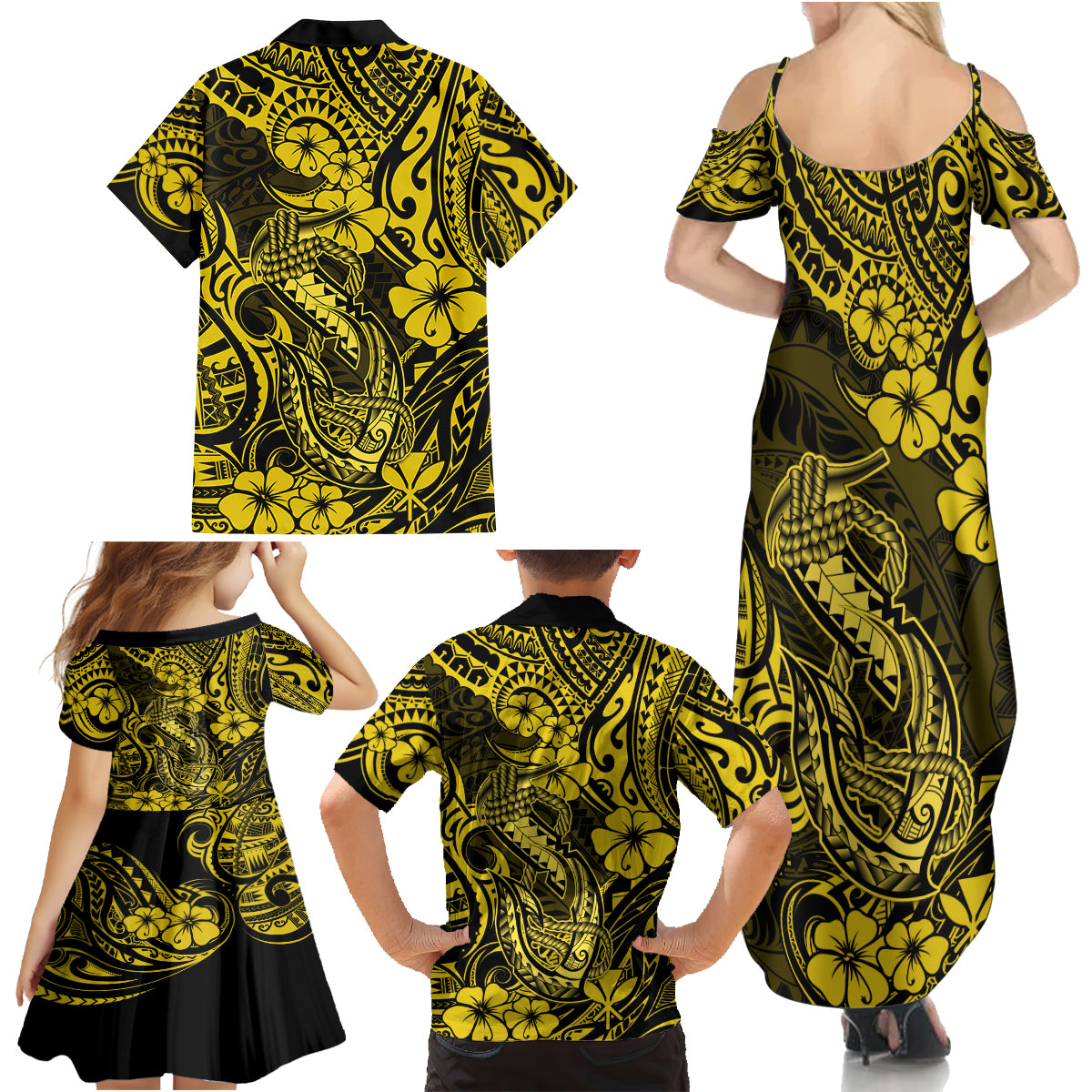 Hawaii Fish Hook Family Matching Summer Maxi Dress and Hawaiian Shirt Hibiscus Hawaii Tribal Tattoo Yellow Version - Wonder Print Shop