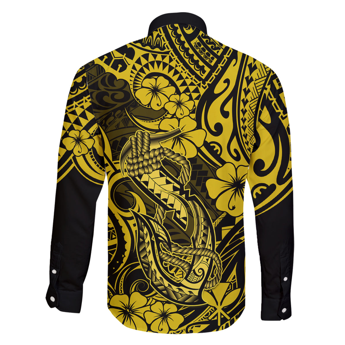 Hawaii Fish Hook Family Matching Summer Maxi Dress and Hawaiian Shirt Hibiscus Hawaii Tribal Tattoo Yellow Version - Wonder Print Shop