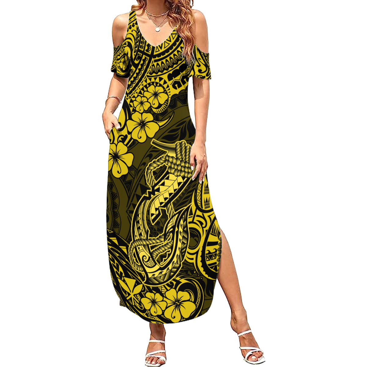 Hawaii Fish Hook Family Matching Summer Maxi Dress and Hawaiian Shirt Hibiscus Hawaii Tribal Tattoo Yellow Version - Wonder Print Shop