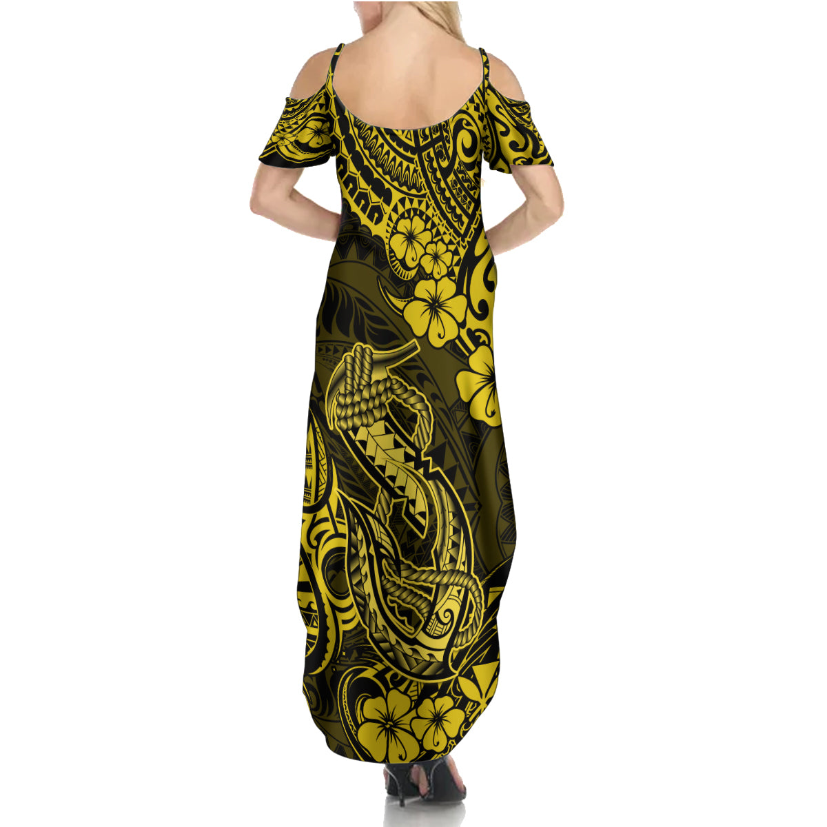 Hawaii Fish Hook Family Matching Summer Maxi Dress and Hawaiian Shirt Hibiscus Hawaii Tribal Tattoo Yellow Version - Wonder Print Shop