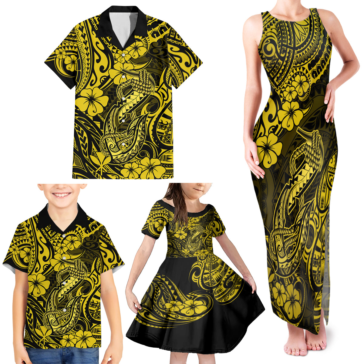 Hawaii Fish Hook Family Matching Tank Maxi Dress and Hawaiian Shirt Hibiscus Hawaii Tribal Tattoo Yellow Version - Wonder Print Shop