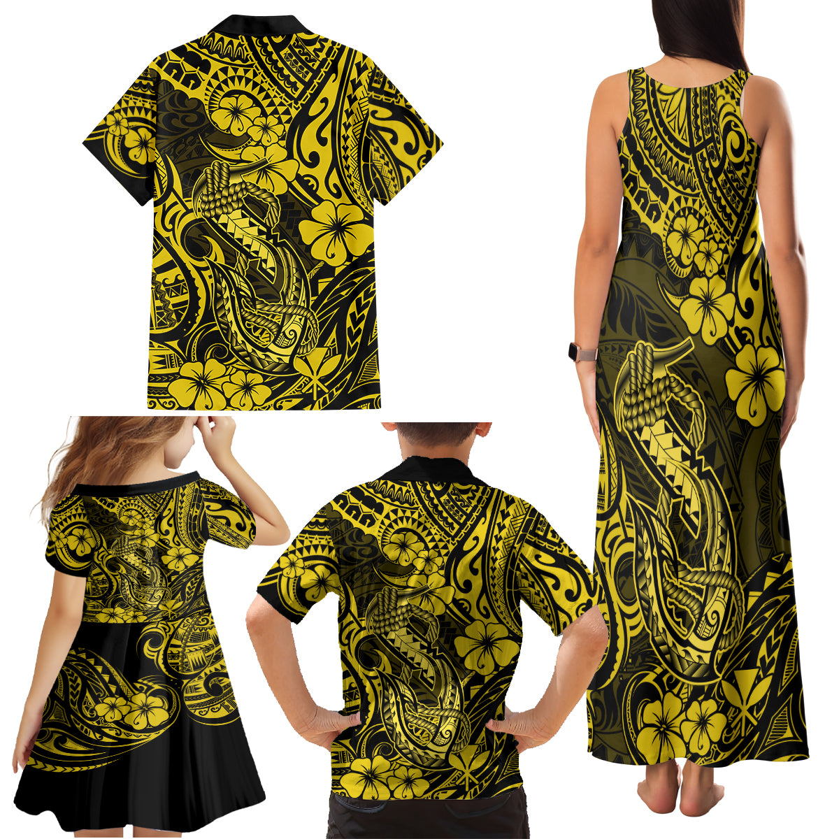 Hawaii Fish Hook Family Matching Tank Maxi Dress and Hawaiian Shirt Hibiscus Hawaii Tribal Tattoo Yellow Version - Wonder Print Shop