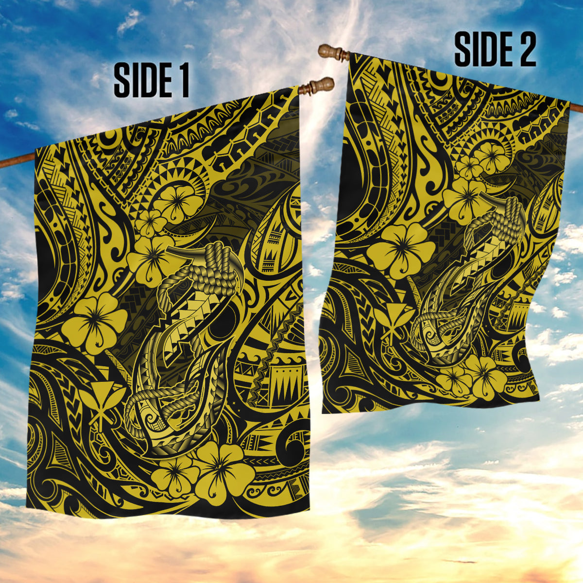 Hawaii Fish Hook Garden Flag Hibiscus Hawaii Tribal Tattoo Yellow Version - Wonder Print Shop