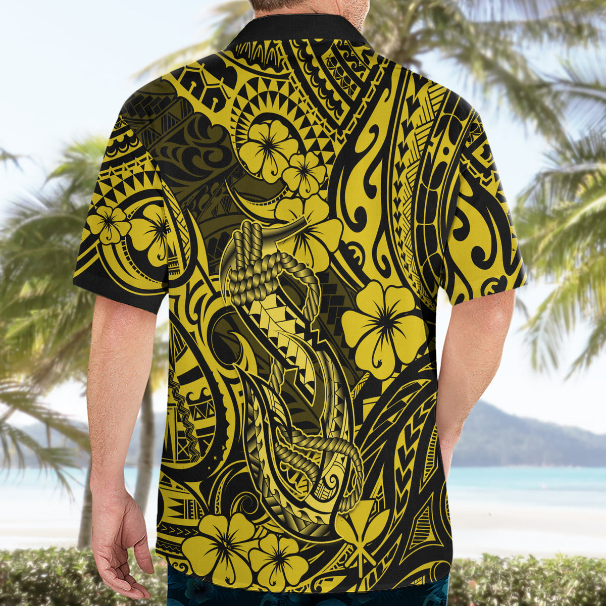 Hawaii Fish Hook Hawaiian Shirt Hibiscus Hawaii Tribal Tattoo Yellow Version - Wonder Print Shop
