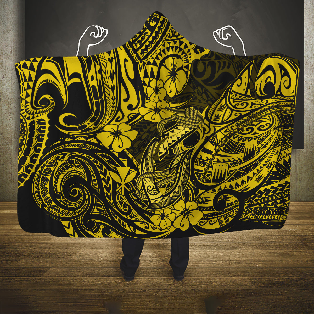 hawaii-fish-hook-hooded-blanket-hibiscus-hawaii-tribal-tattoo-yellow-version