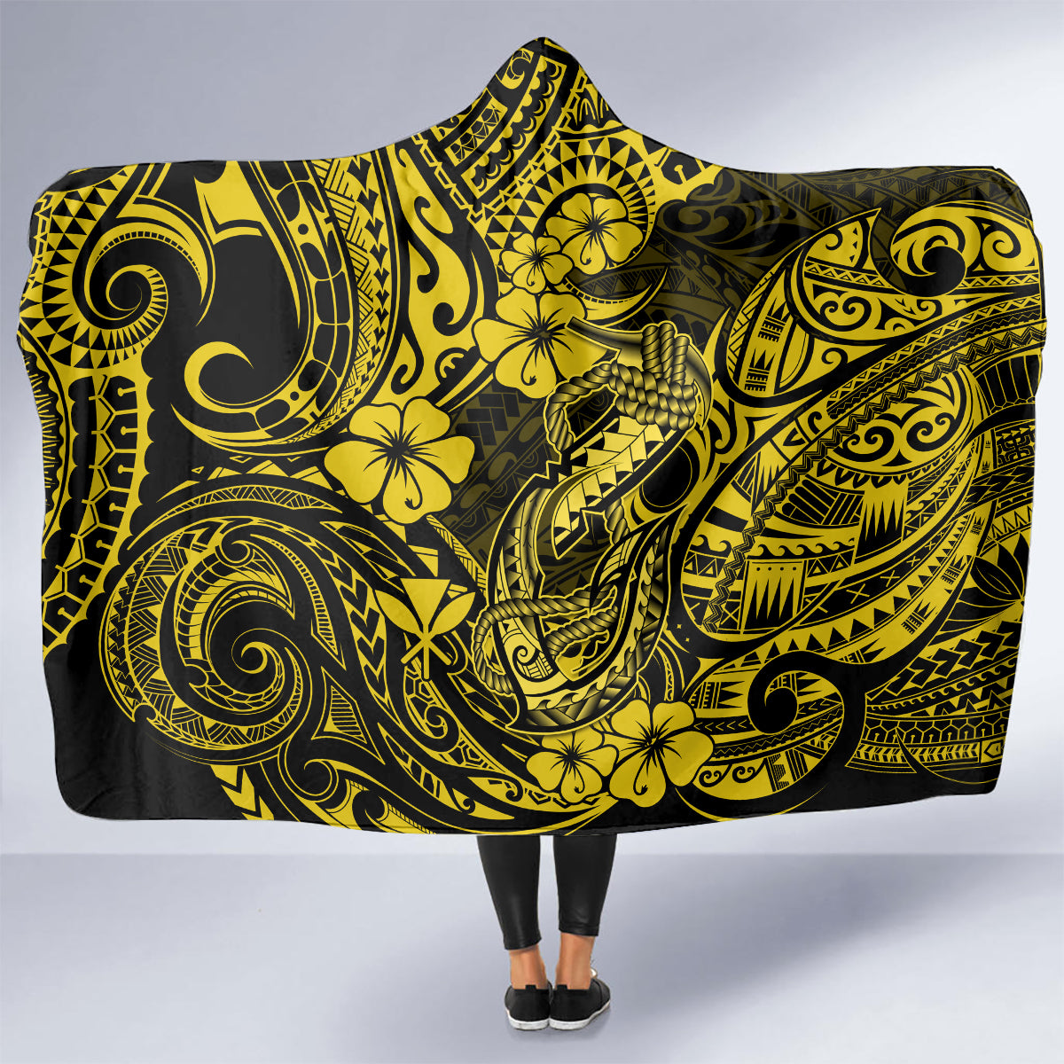 hawaii-fish-hook-hooded-blanket-hibiscus-hawaii-tribal-tattoo-yellow-version