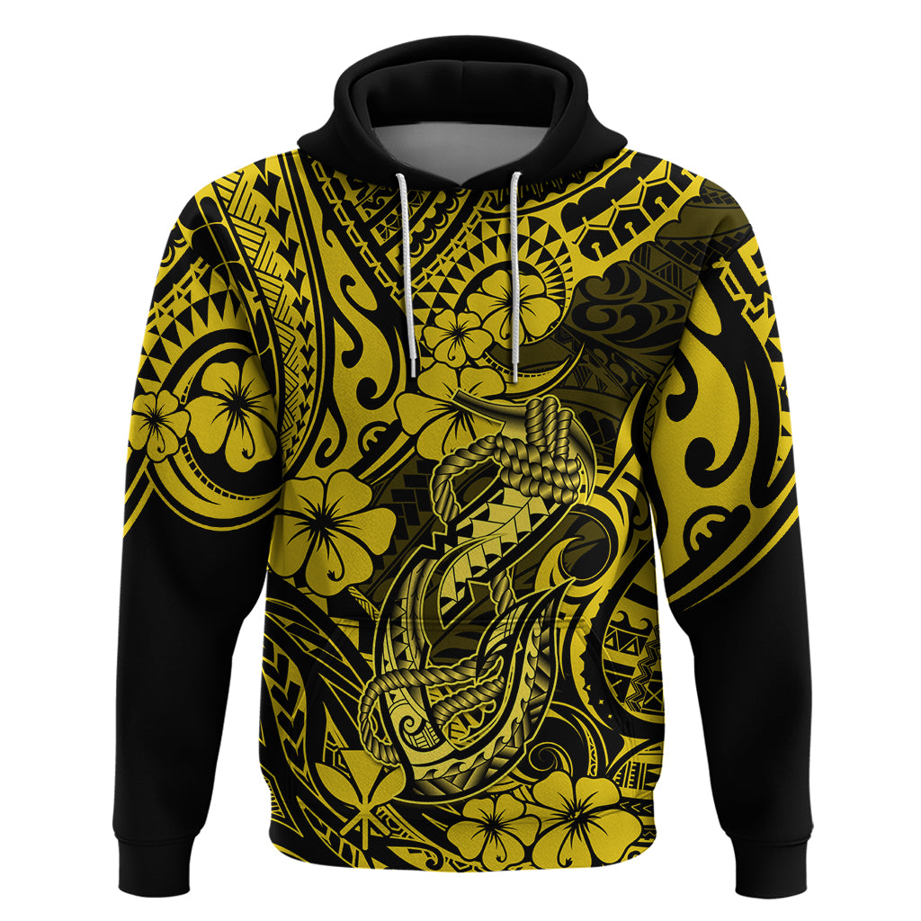 Hawaii Fish Hook Hoodie Hibiscus Hawaii Tribal Tattoo Yellow Version - Wonder Print Shop