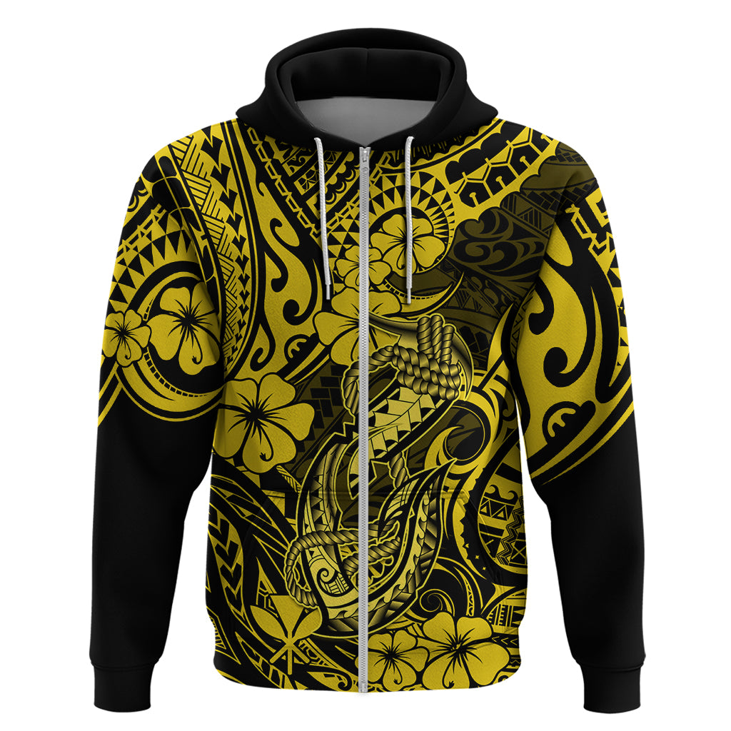 Hawaii Fish Hook Hoodie Hibiscus Hawaii Tribal Tattoo Yellow Version - Wonder Print Shop