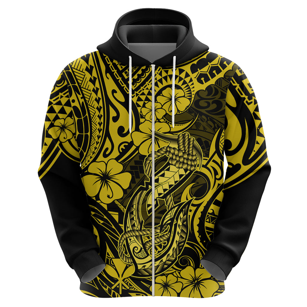 Hawaii Fish Hook Hoodie Hibiscus Hawaii Tribal Tattoo Yellow Version - Wonder Print Shop