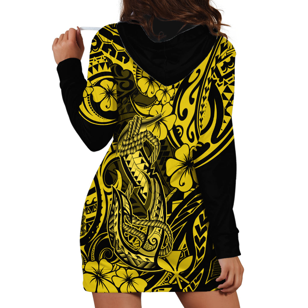 Hawaii Fish Hook Hoodie Dress Hibiscus Hawaii Tribal Tattoo Yellow Version - Wonder Print Shop