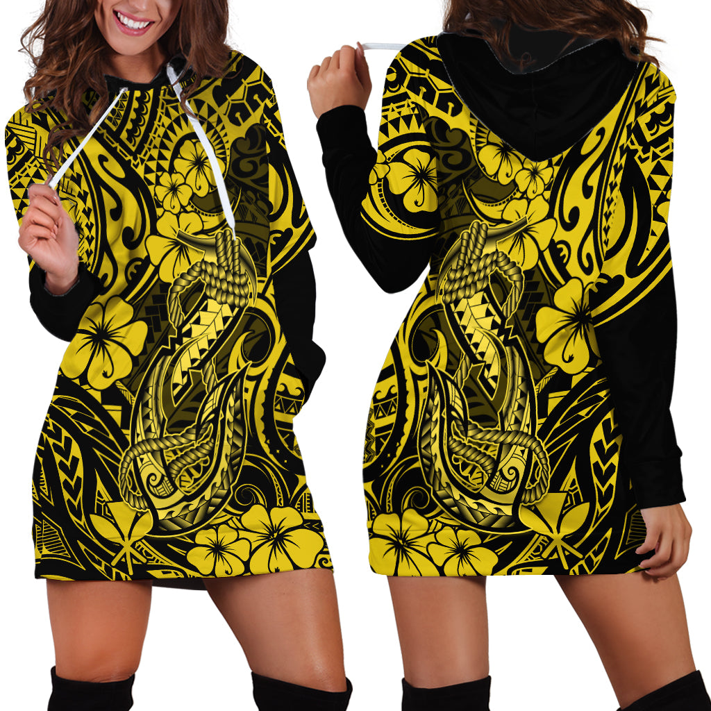 Hawaii Fish Hook Hoodie Dress Hibiscus Hawaii Tribal Tattoo Yellow Version - Wonder Print Shop