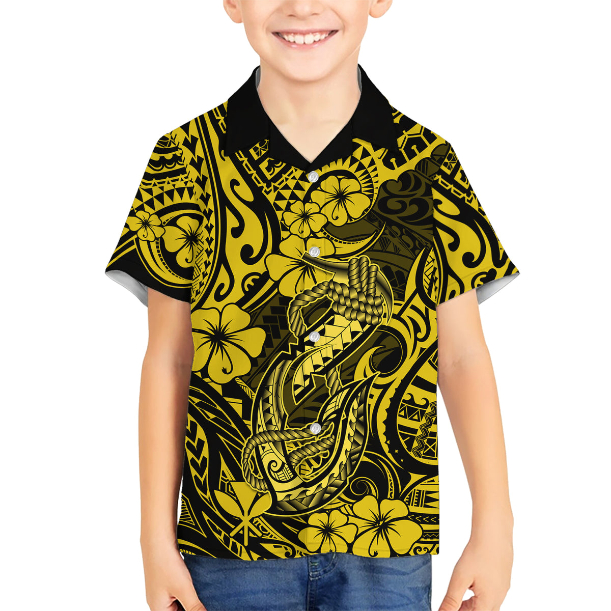 Hawaii Fish Hook Kid Hawaiian Shirt Hibiscus Hawaii Tribal Tattoo Yellow Version - Wonder Print Shop