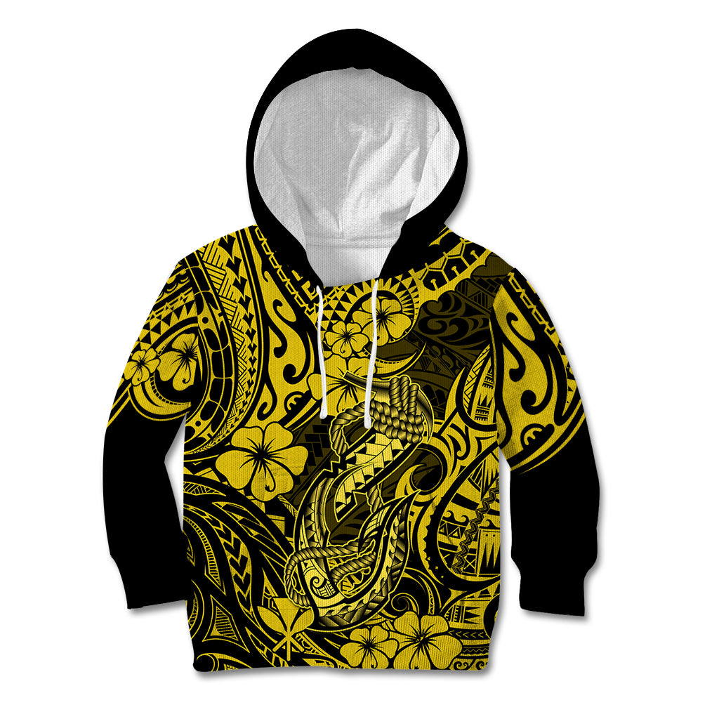 Hawaii Fish Hook Kid Hoodie Hibiscus Hawaii Tribal Tattoo Yellow Version - Wonder Print Shop