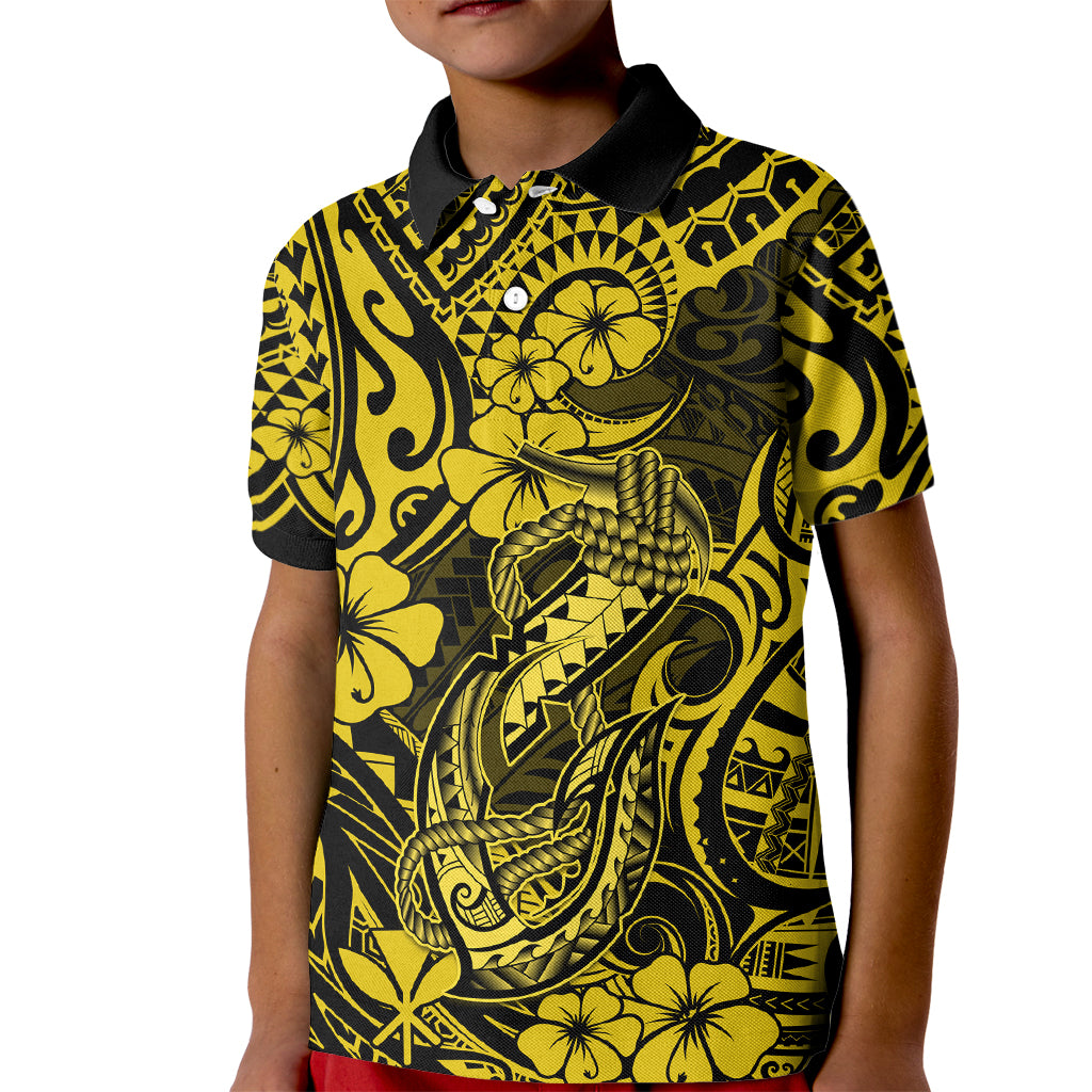 Hawaii Fish Hook Kid Polo Shirt Hibiscus Hawaii Tribal Tattoo Yellow Version - Wonder Print Shop