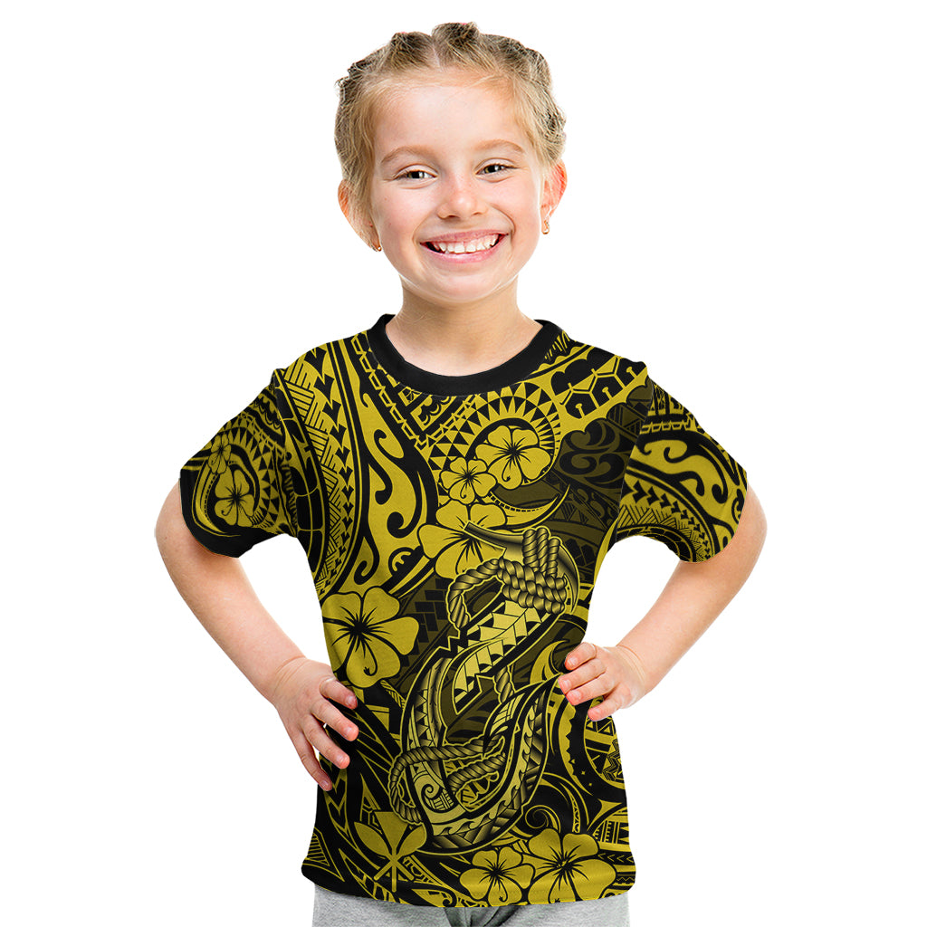 Hawaii Fish Hook Kid T Shirt Hibiscus Hawaii Tribal Tattoo Yellow Version - Wonder Print Shop
