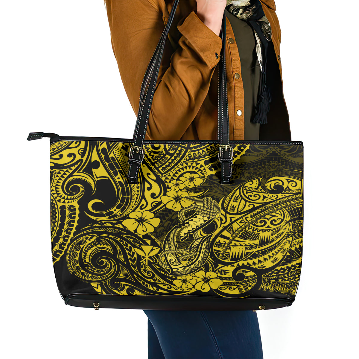 Hawaii Fish Hook Leather Tote Bag Hibiscus Hawaii Tribal Tattoo Yellow Version - Wonder Print Shop