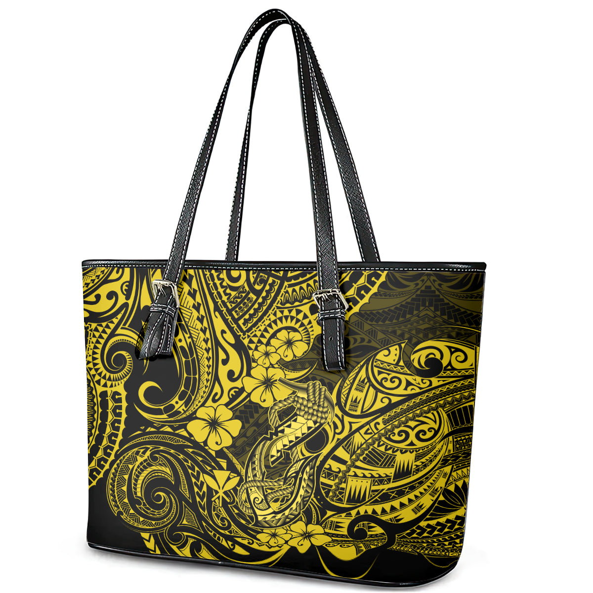 Hawaii Fish Hook Leather Tote Bag Hibiscus Hawaii Tribal Tattoo Yellow Version - Wonder Print Shop