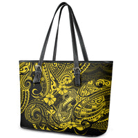 Hawaii Fish Hook Leather Tote Bag Hibiscus Hawaii Tribal Tattoo Yellow Version - Wonder Print Shop
