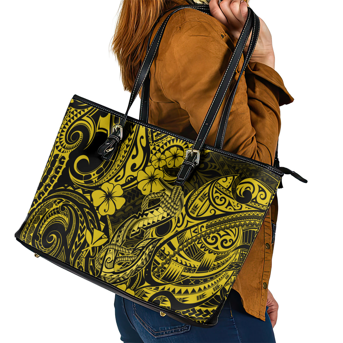Hawaii Fish Hook Leather Tote Bag Hibiscus Hawaii Tribal Tattoo Yellow Version - Wonder Print Shop
