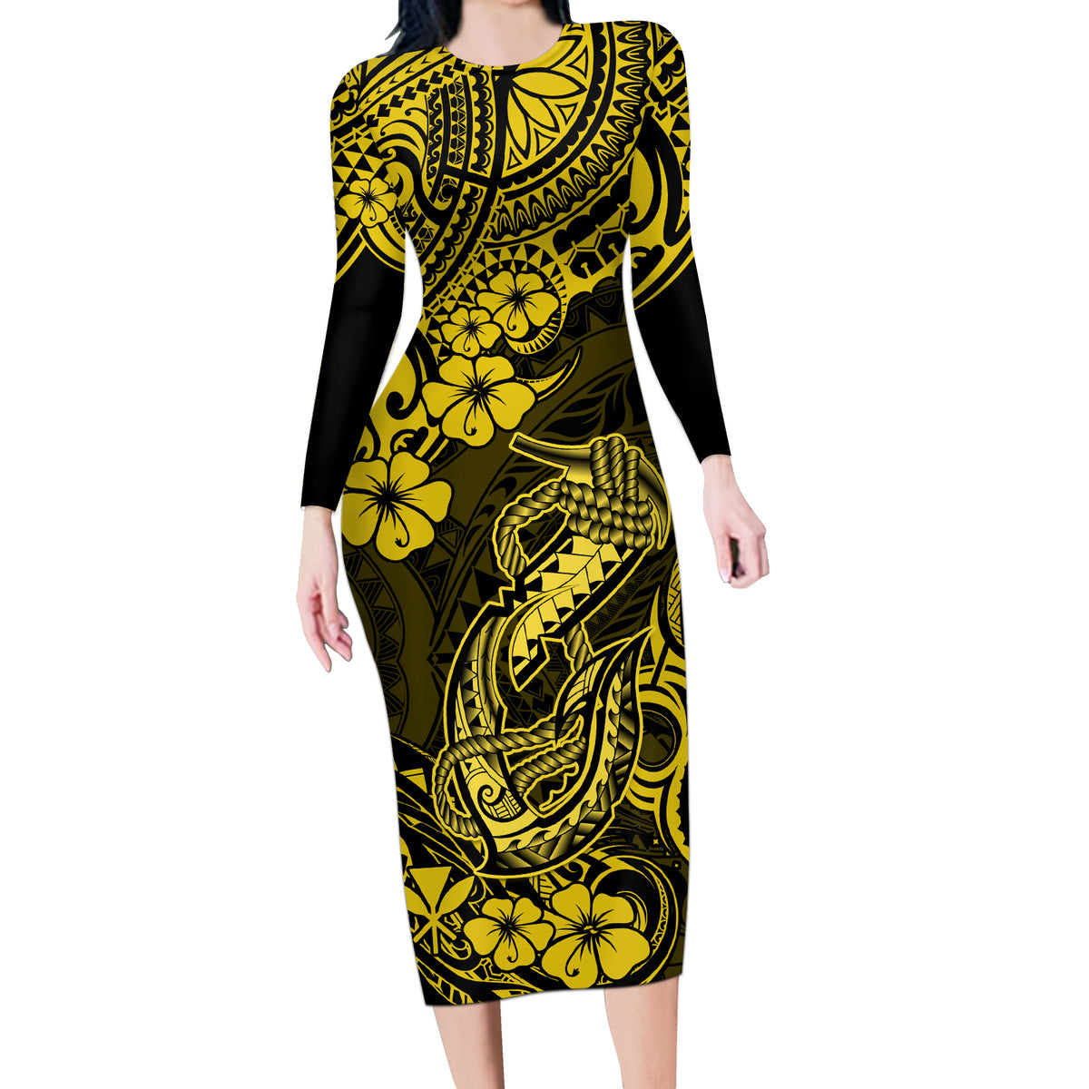 Hawaii Fish Hook Long Sleeve Bodycon Dress Hibiscus Hawaii Tribal Tattoo Yellow Version - Wonder Print Shop