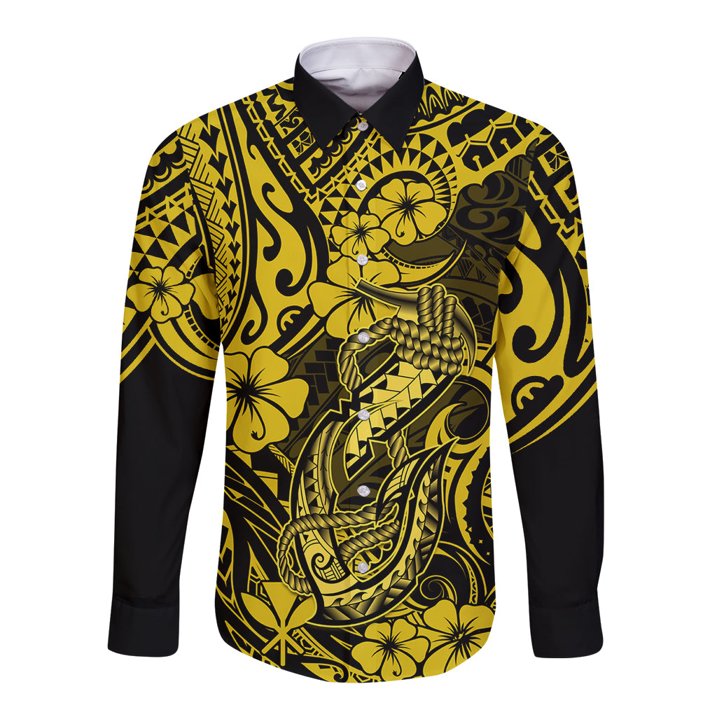 Hawaii Fish Hook Long Sleeve Button Shirt Hibiscus Hawaii Tribal Tattoo Yellow Version - Wonder Print Shop
