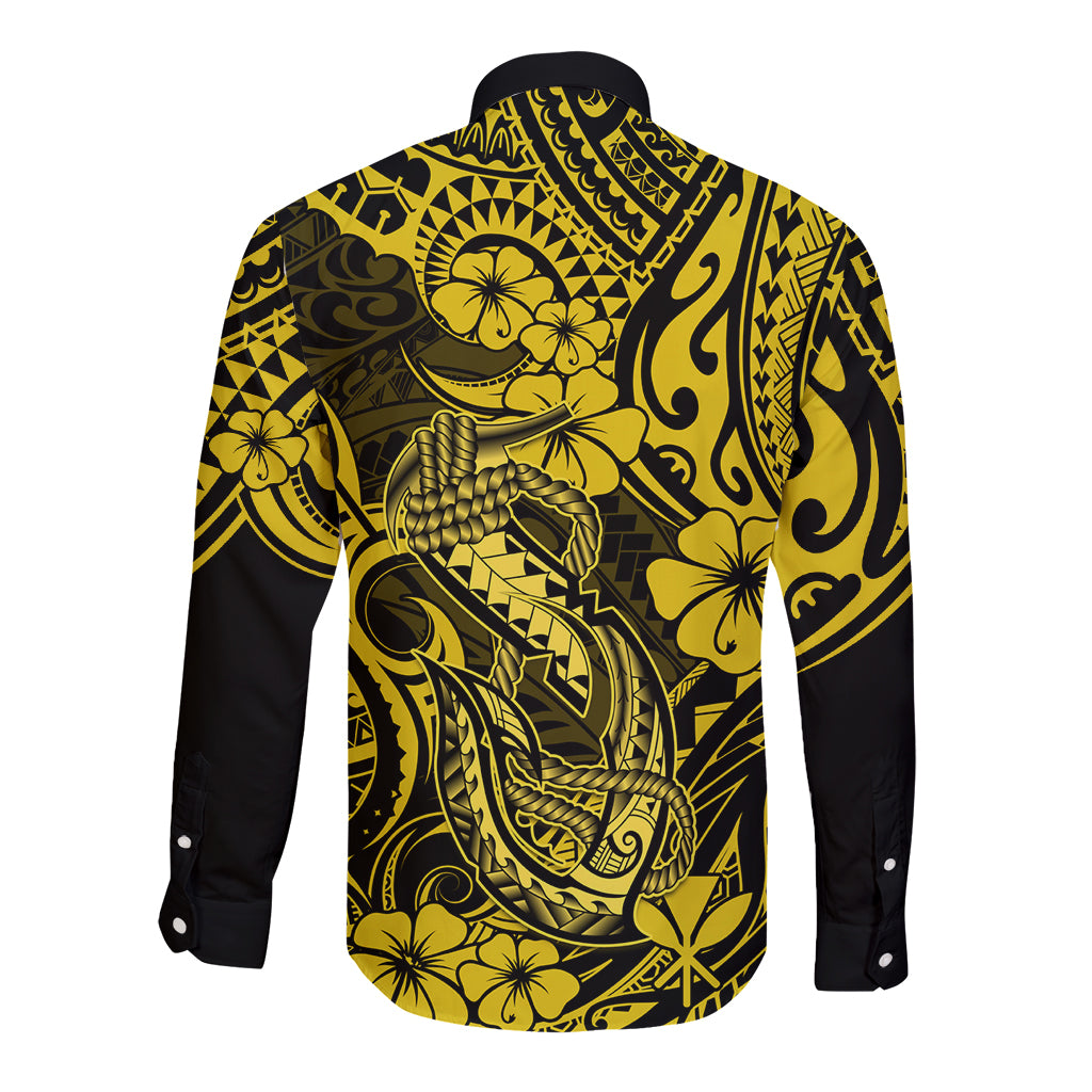 Hawaii Fish Hook Long Sleeve Button Shirt Hibiscus Hawaii Tribal Tattoo Yellow Version - Wonder Print Shop