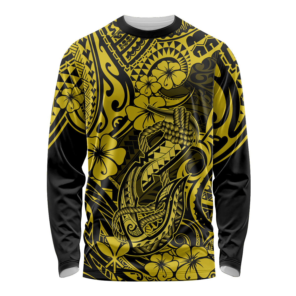 Hawaii Fish Hook Long Sleeve Shirt Hibiscus Hawaii Tribal Tattoo Yellow Version - Wonder Print Shop