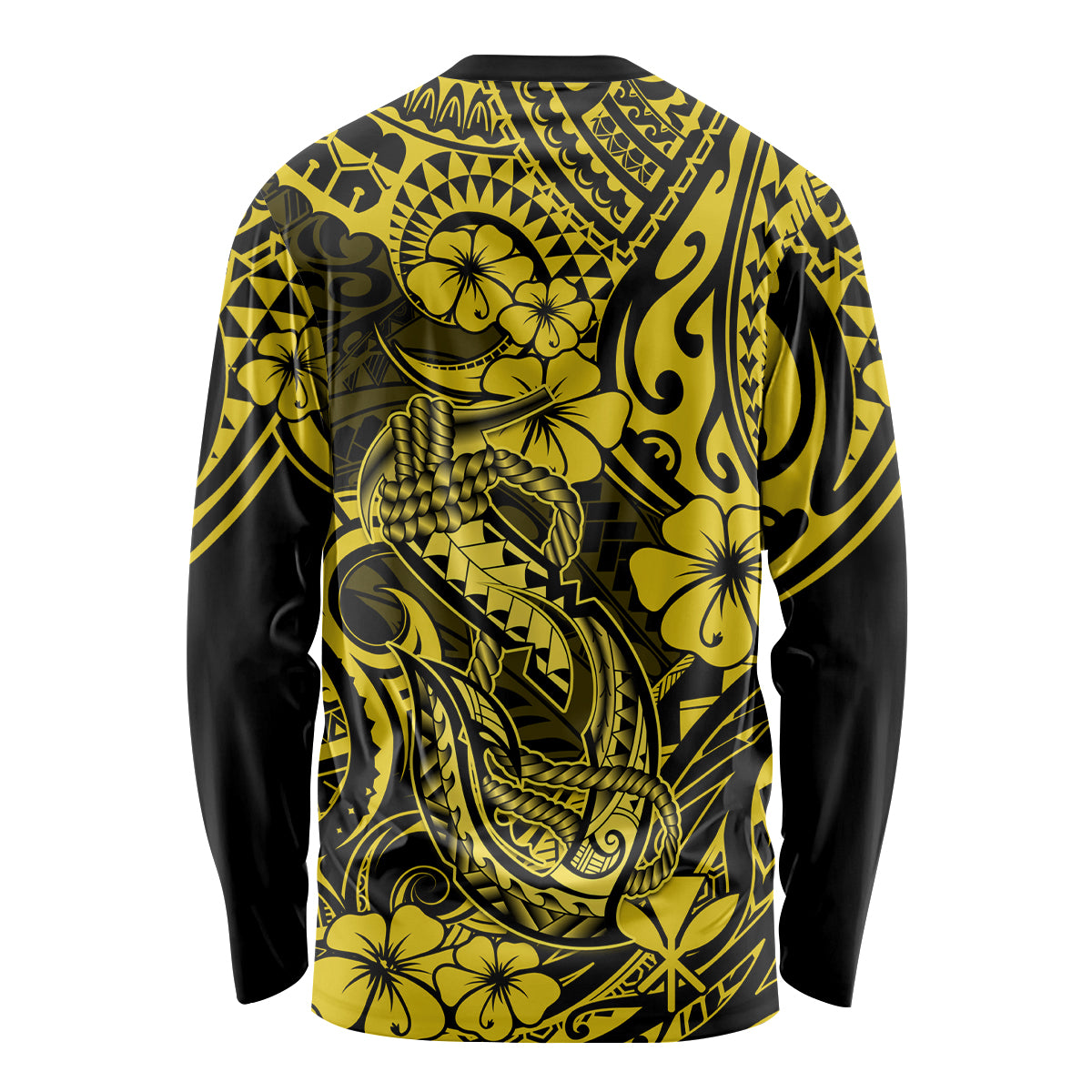 Hawaii Fish Hook Long Sleeve Shirt Hibiscus Hawaii Tribal Tattoo Yellow Version - Wonder Print Shop