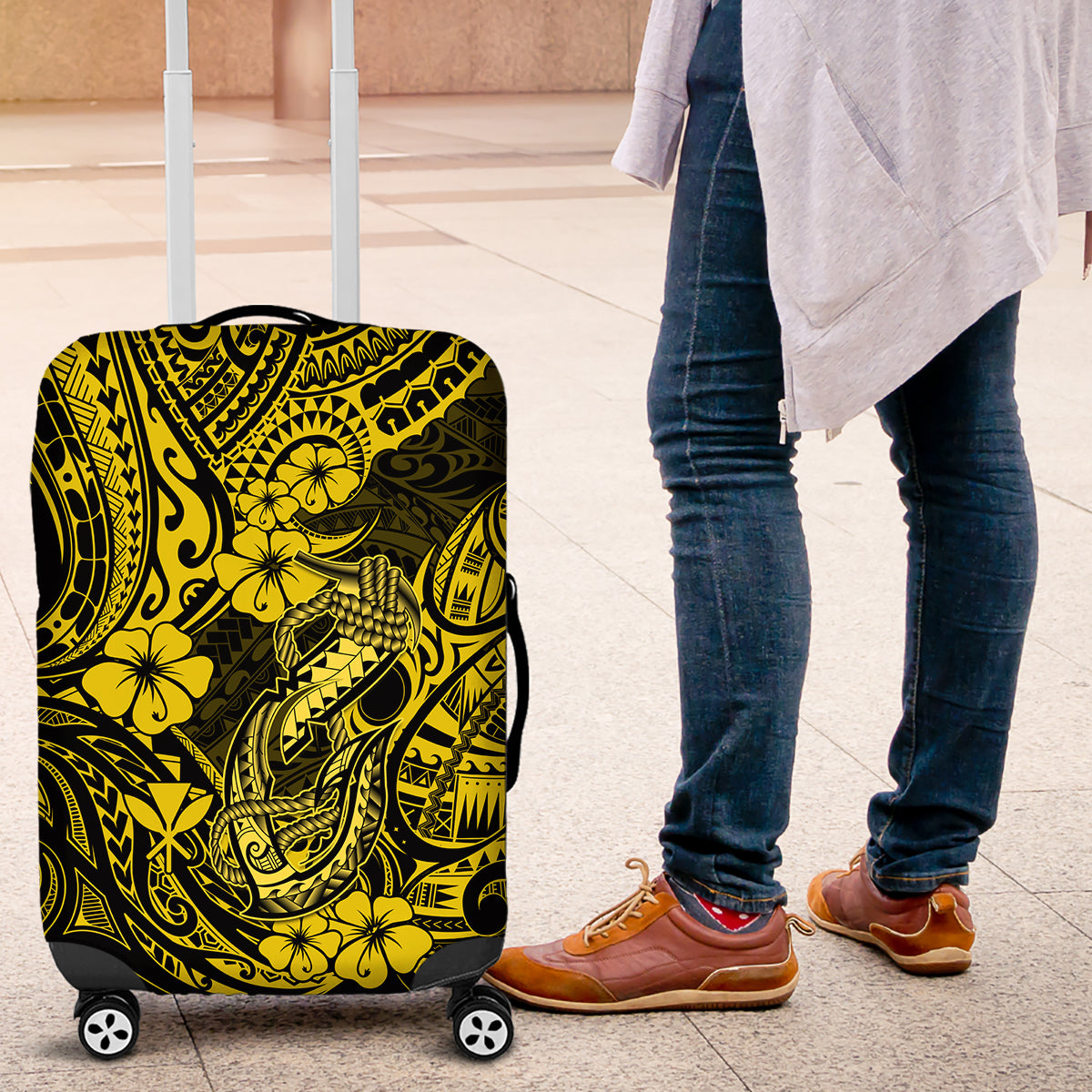 Hawaii Fish Hook Luggage Cover Hibiscus Hawaii Tribal Tattoo Yellow Version - Wonder Print Shop