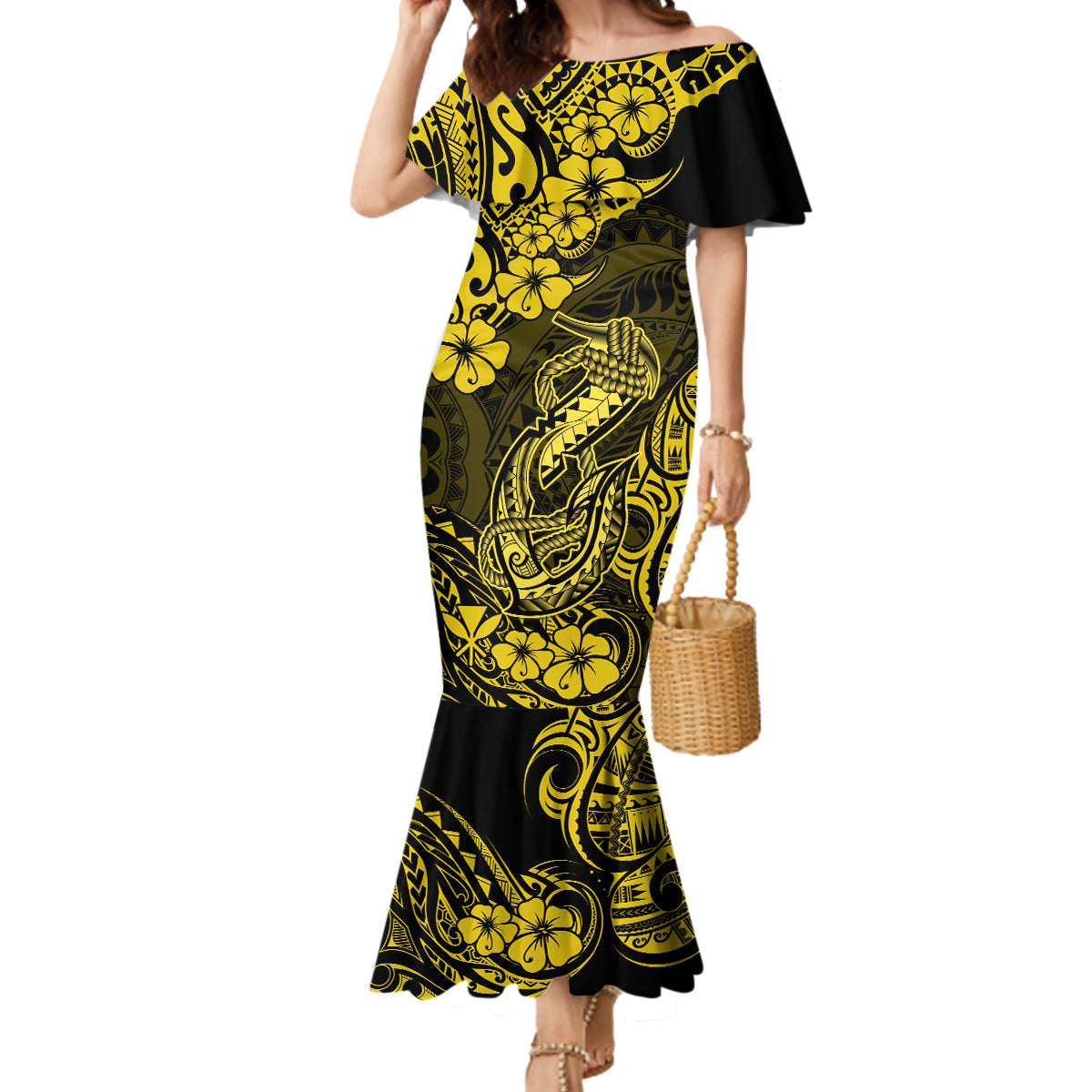 Hawaii Fish Hook Mermaid Dress Hibiscus Hawaii Tribal Tattoo Yellow Version - Wonder Print Shop