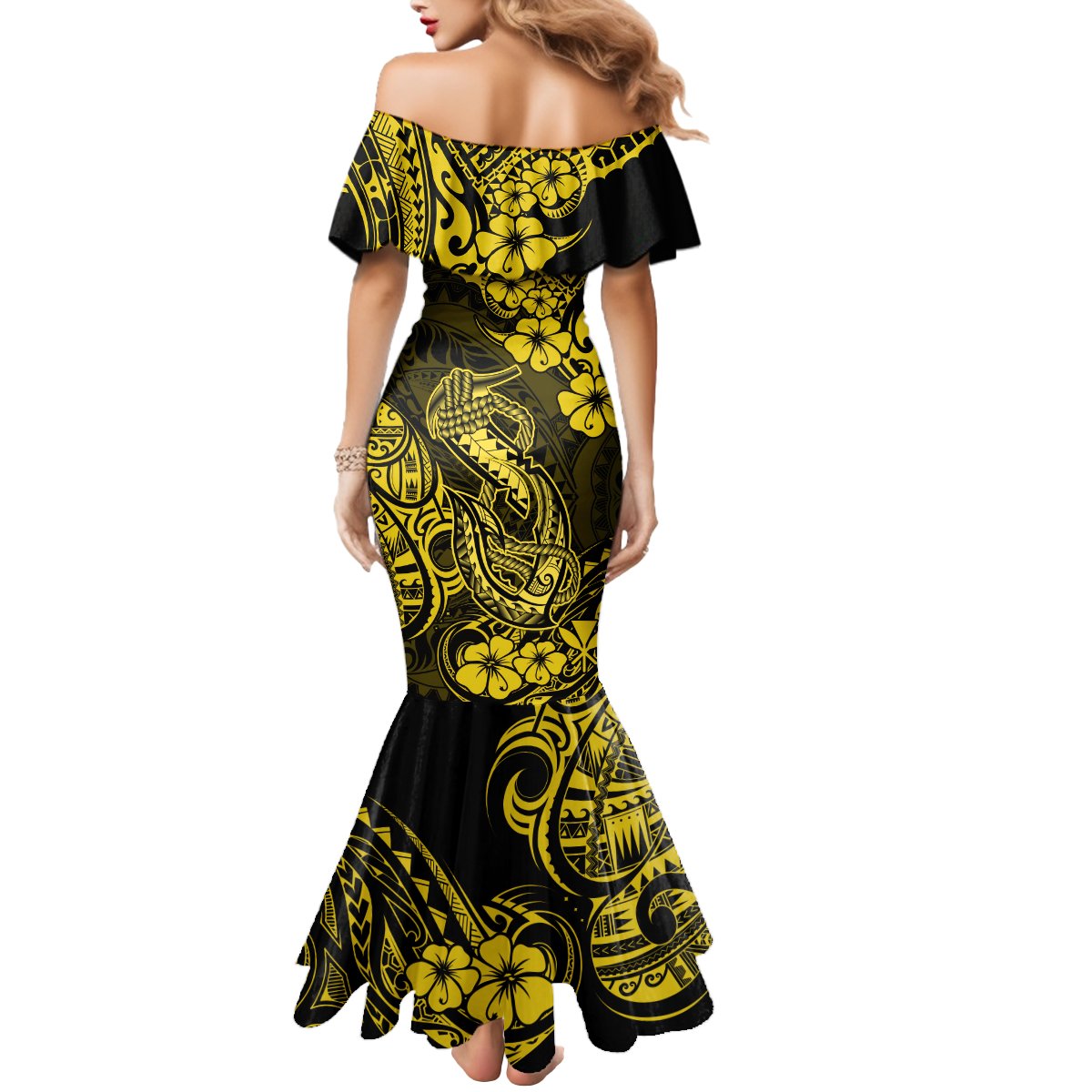 Hawaii Fish Hook Mermaid Dress Hibiscus Hawaii Tribal Tattoo Yellow Version - Wonder Print Shop