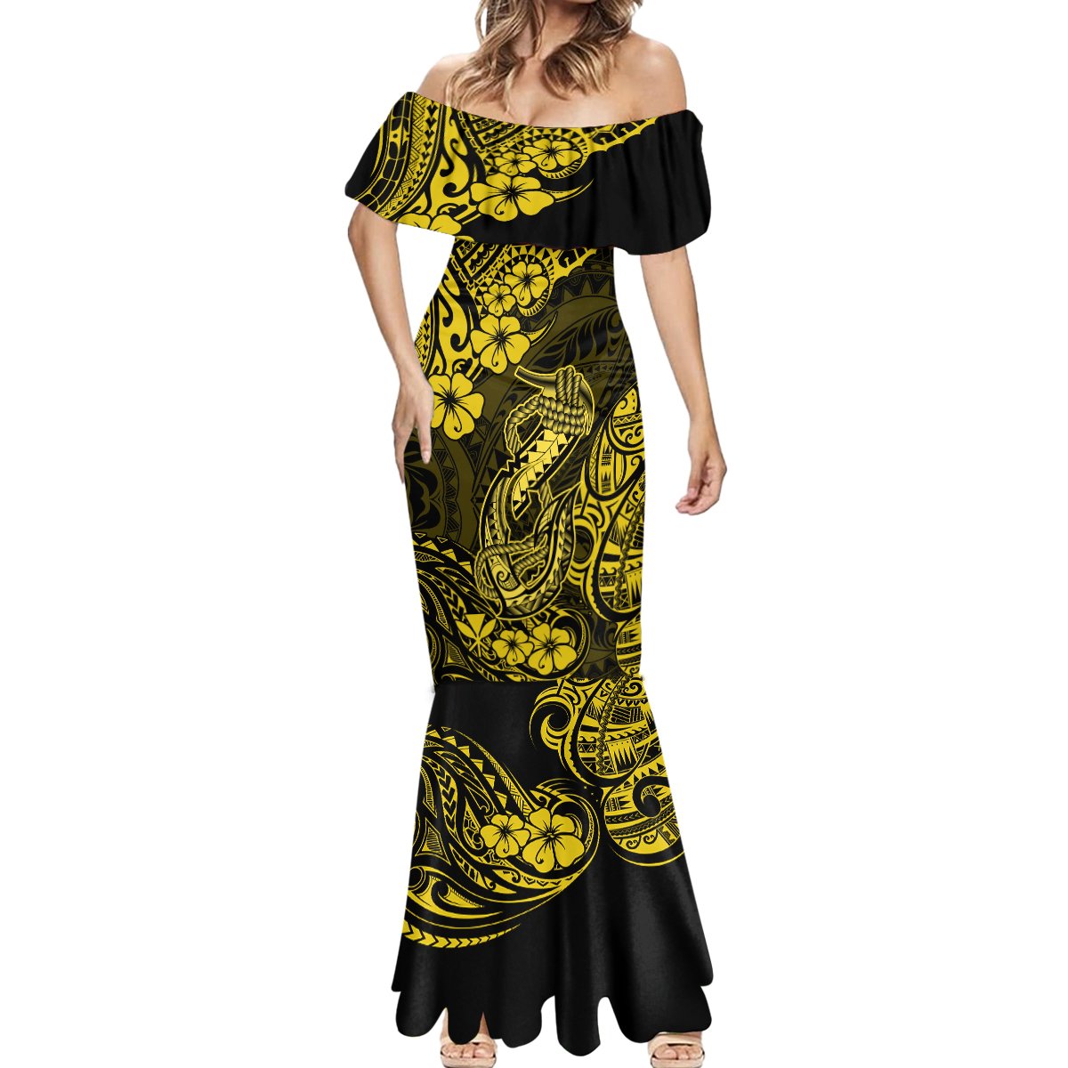 Hawaii Fish Hook Mermaid Dress Hibiscus Hawaii Tribal Tattoo Yellow Version - Wonder Print Shop