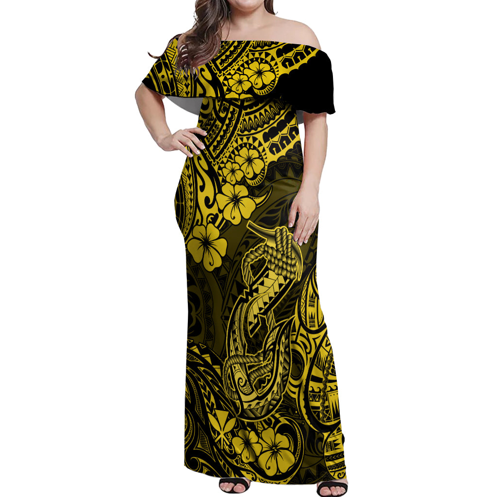 Hawaii Fish Hook Off Shoulder Maxi Dress Hibiscus Hawaii Tribal Tattoo Yellow Version - Wonder Print Shop