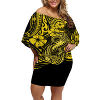 Hawaii Fish Hook Off Shoulder Short Dress Hibiscus Hawaii Tribal Tattoo Yellow Version - Wonder Print Shop