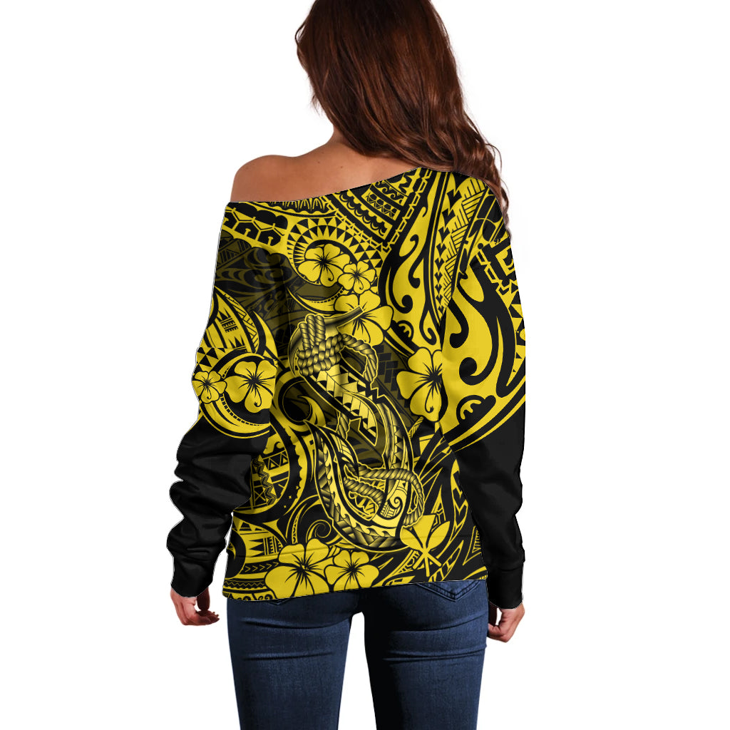 Hawaii Fish Hook Off Shoulder Sweater Hibiscus Hawaii Tribal Tattoo Yellow Version - Wonder Print Shop