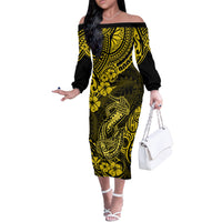 Hawaii Fish Hook Off The Shoulder Long Sleeve Dress Hibiscus Hawaii Tribal Tattoo Yellow Version - Wonder Print Shop
