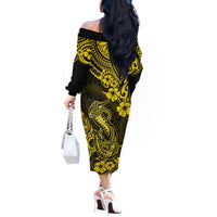 Hawaii Fish Hook Off The Shoulder Long Sleeve Dress Hibiscus Hawaii Tribal Tattoo Yellow Version - Wonder Print Shop