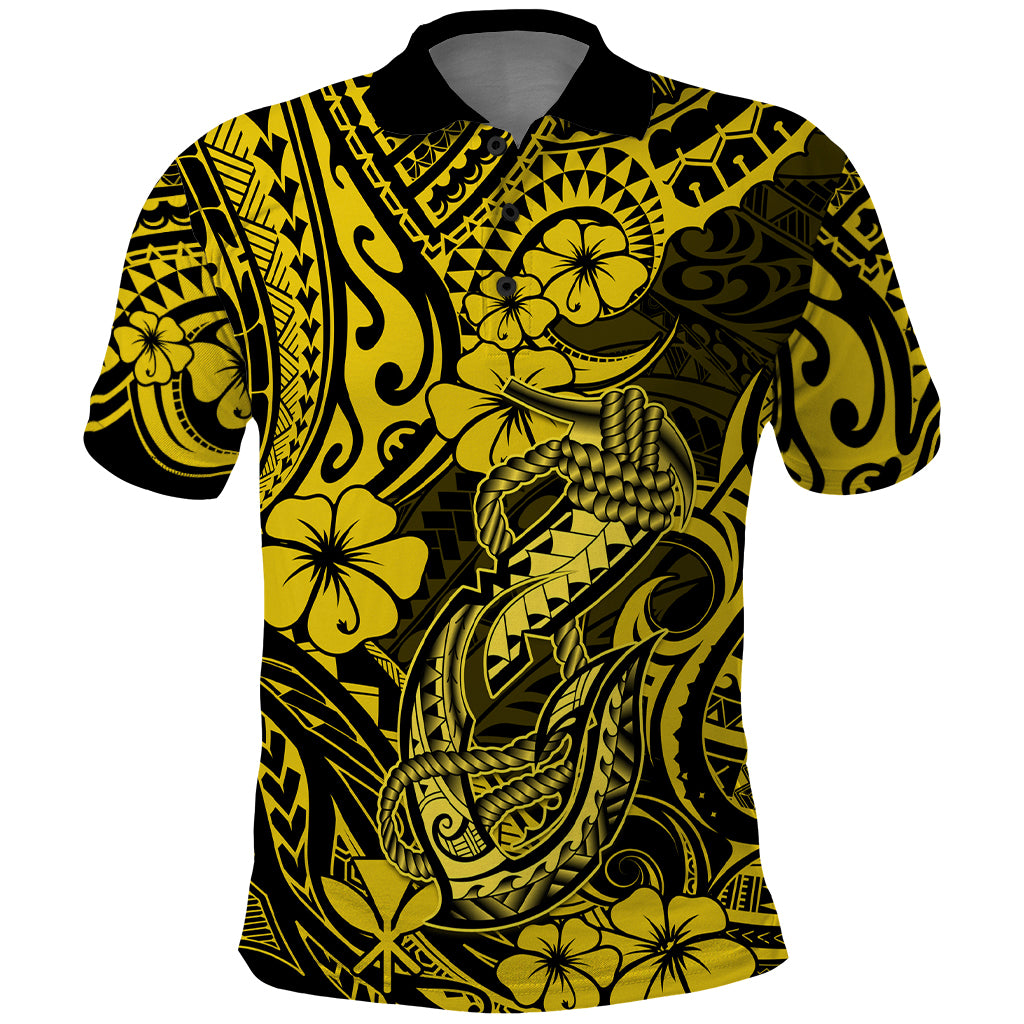 Hawaii Fish Hook Polo Shirt Hibiscus Hawaii Tribal Tattoo Yellow Version - Wonder Print Shop