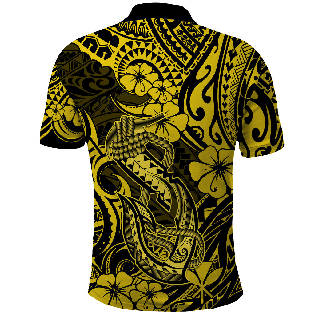 Hawaii Fish Hook Polo Shirt Hibiscus Hawaii Tribal Tattoo Yellow Version - Wonder Print Shop