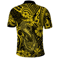 Hawaii Fish Hook Polo Shirt Hibiscus Hawaii Tribal Tattoo Yellow Version - Wonder Print Shop