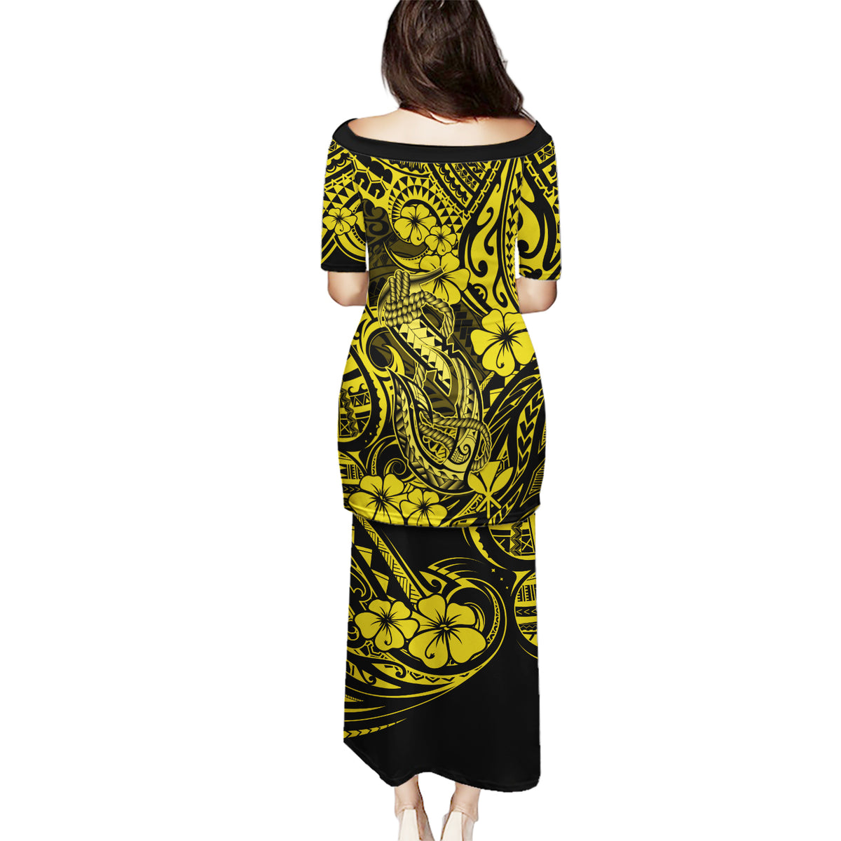 Hawaii Fish Hook Puletasi Hibiscus Hawaii Tribal Tattoo Yellow Version - Wonder Print Shop