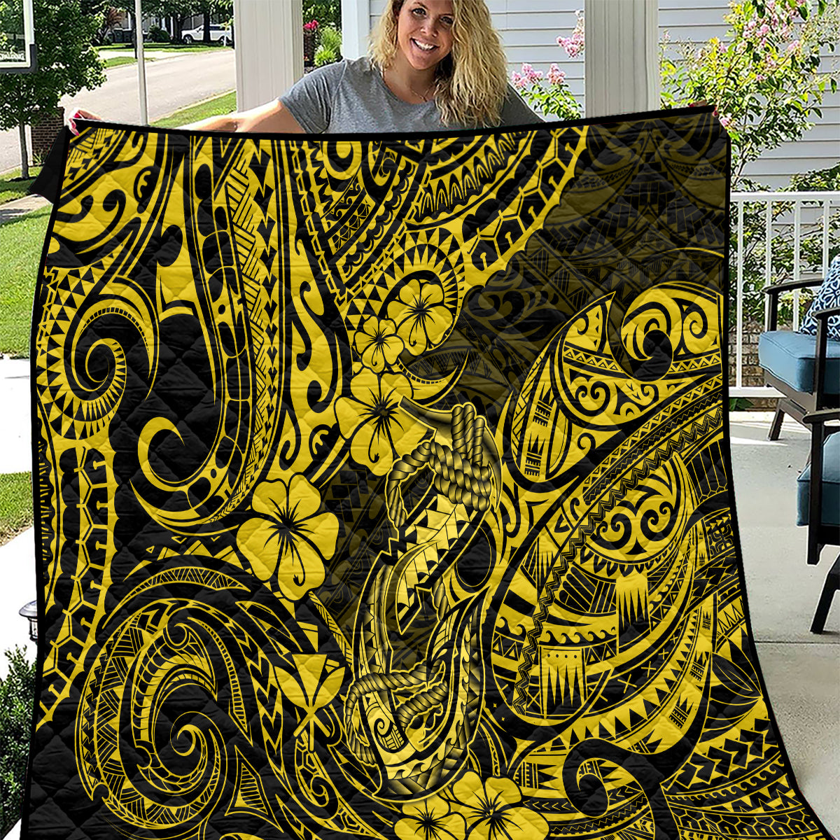 Hawaii Fish Hook Quilt Hibiscus Hawaii Tribal Tattoo Yellow Version - Wonder Print Shop