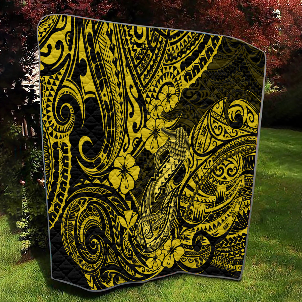 Hawaii Fish Hook Quilt Hibiscus Hawaii Tribal Tattoo Yellow Version - Wonder Print Shop